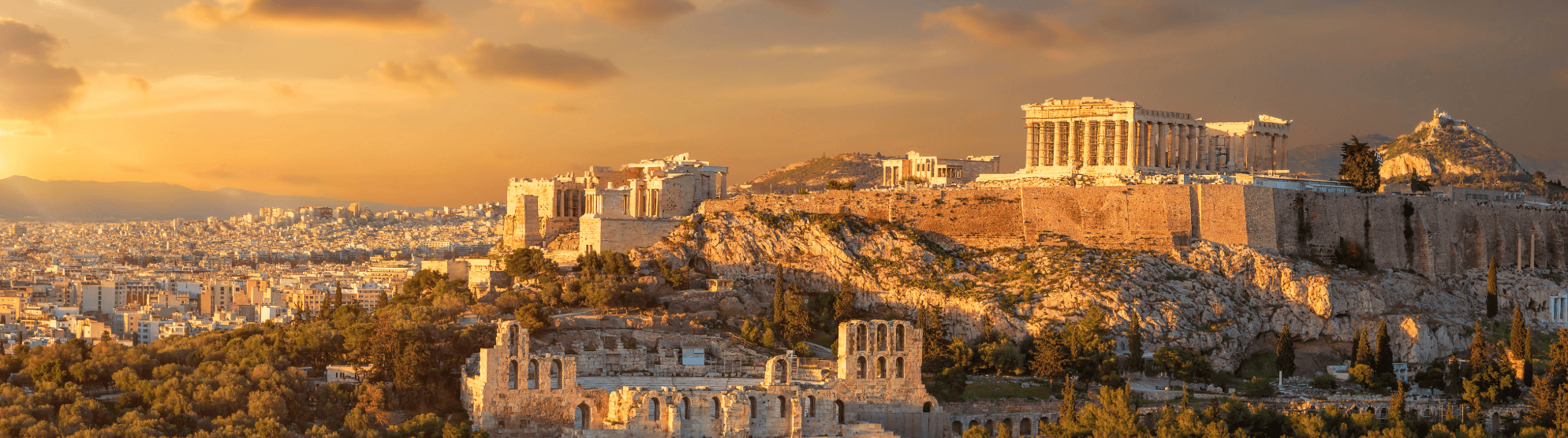 View of the Acropolis and Athens at sunset