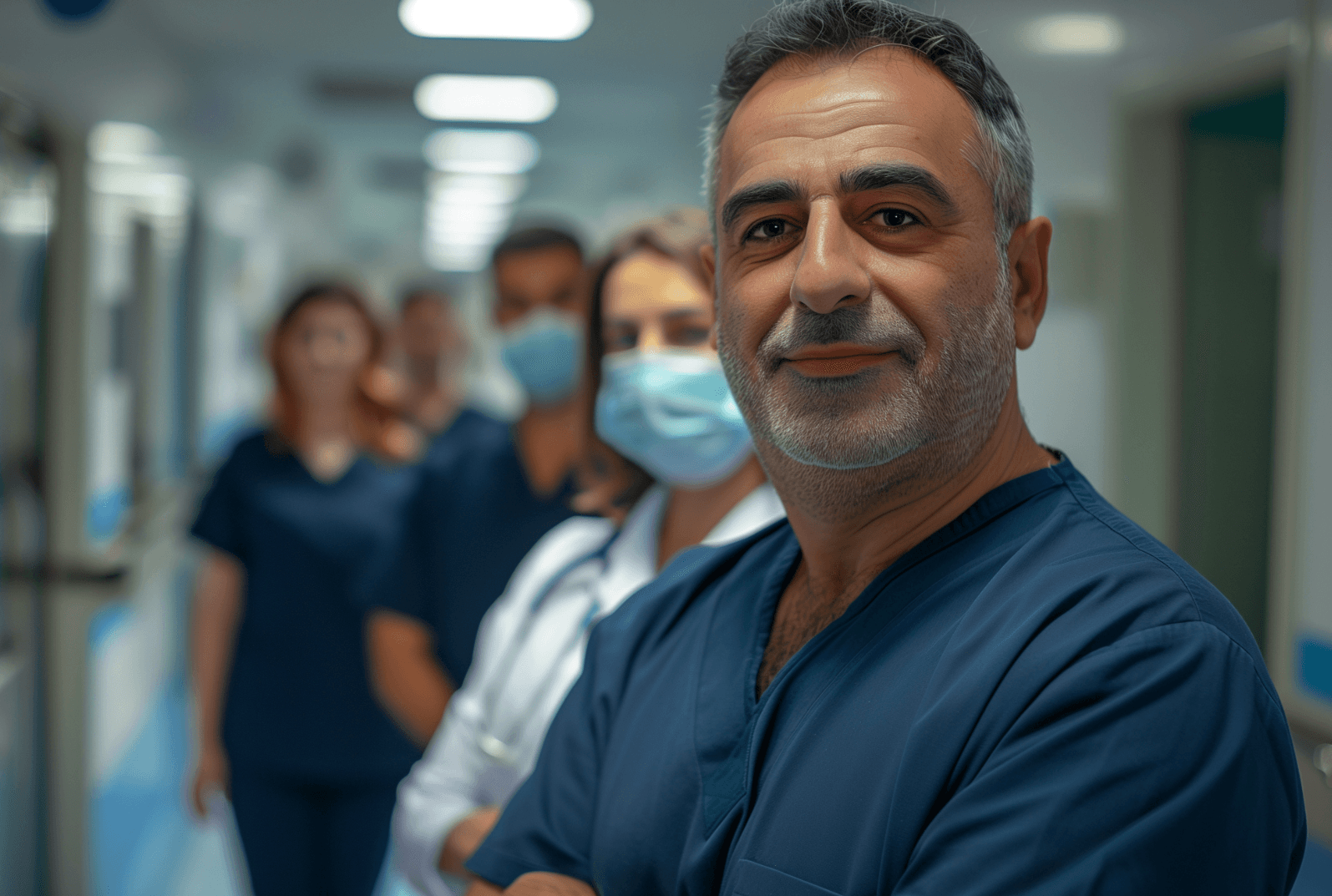 Medical team in a hospital corridor, with a man in blue scrubs in the foreground