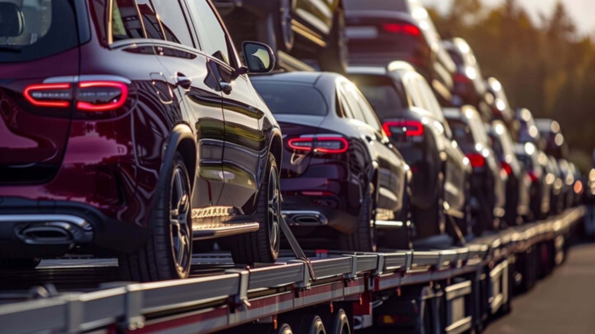 Car transporter with multiple new vehicles on multi-level trailer at sunset on the road