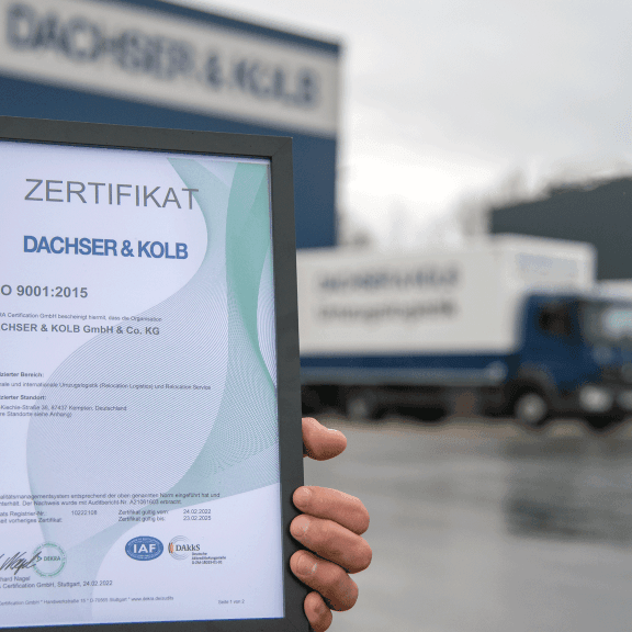 ISO certificate from DACHSER & KOLB as a visible sign of quality commitment.