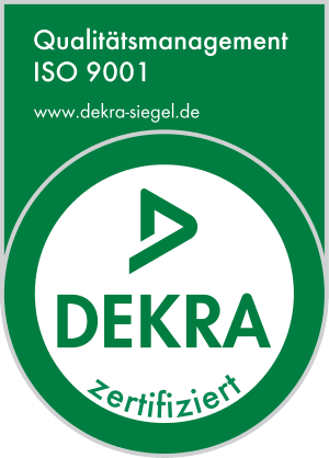 The DEKRA ISO 9001 quality management seal as proof of audited and certified project management in DACHSER & KOLB’s B2B operations.