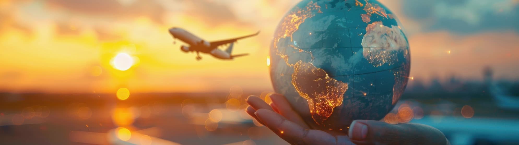 Airplane and glowing globe at sunset – symbolic image for the most popular emigration destinations