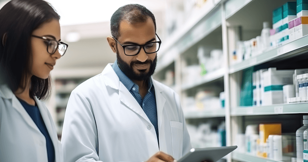 Two doctors are standing in front of a shelf of medicines in India