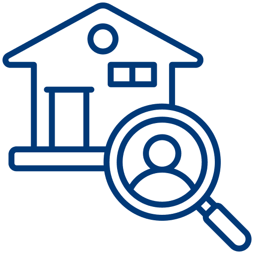 House with magnifying glass and person – symbol for detailed inspection by the moving company