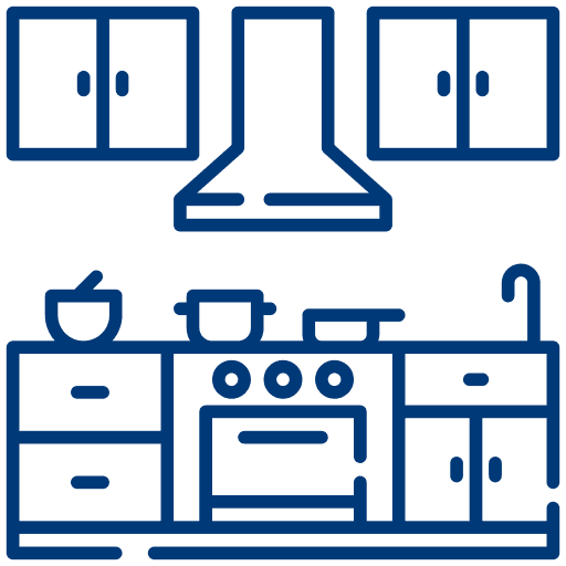 Icon of a kitchen with cabinets, stove, and sink – symbol for kitchen assembly