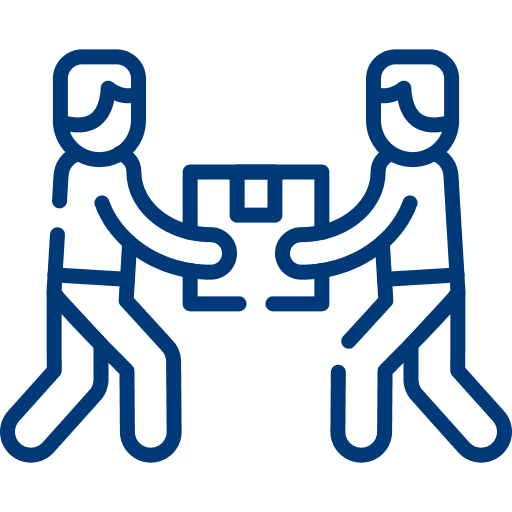 Two stylized figures carrying a box together—symbolizing comprehensive moving consultation and relocation support.