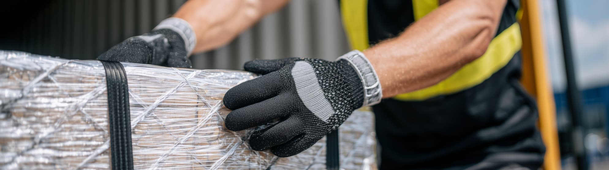 Worker tightens moving strap around shrink-wrapped load for safe transport.