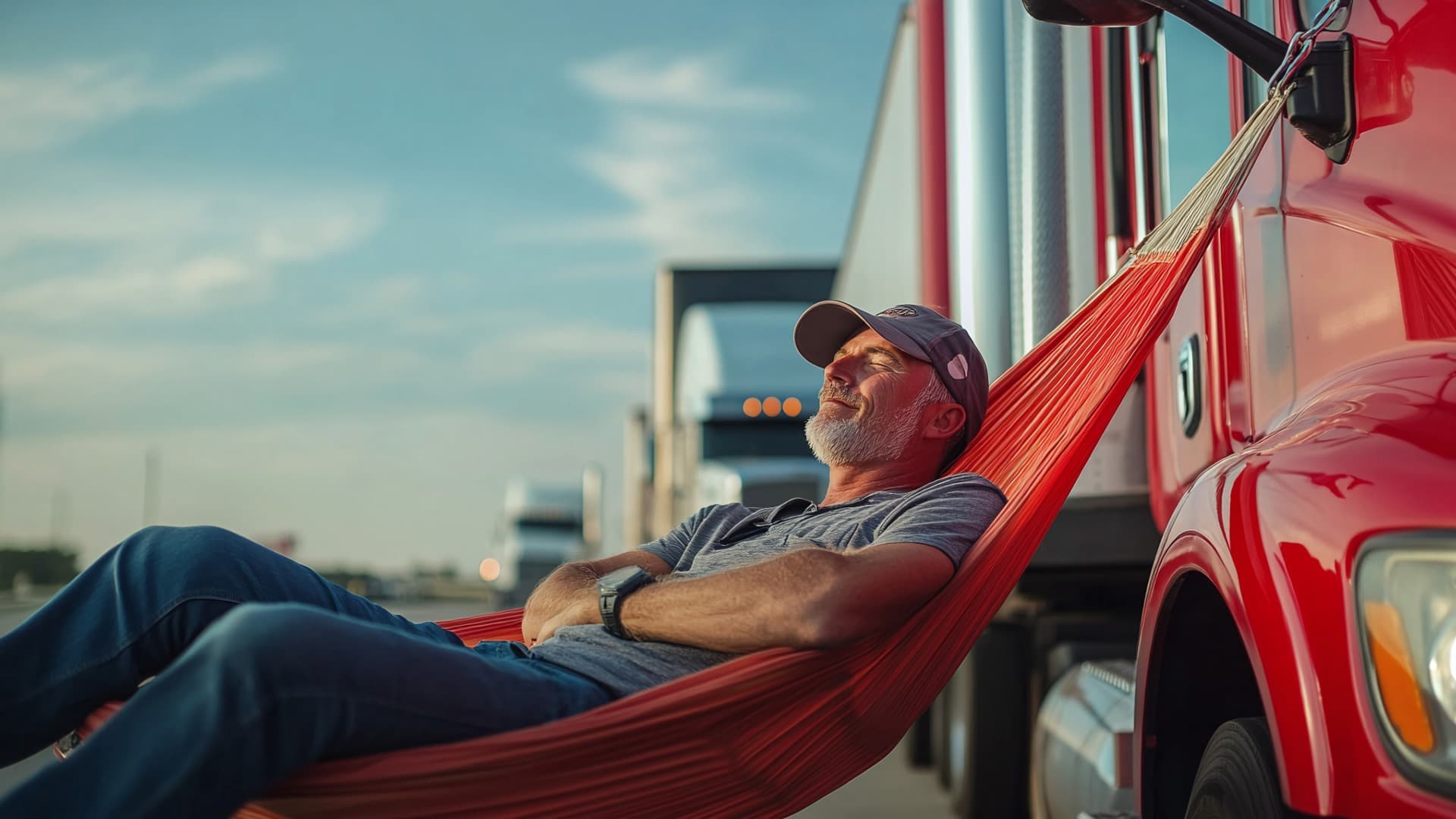 Truck driver relaxing in a hammock by the truck – rest period under driving and rest times rules