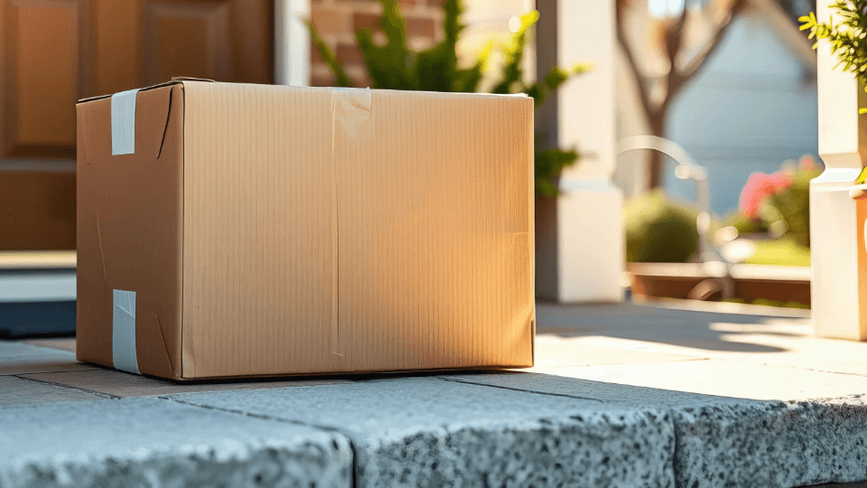 A large brown cardboard box delivered on stone steps in daylight.
