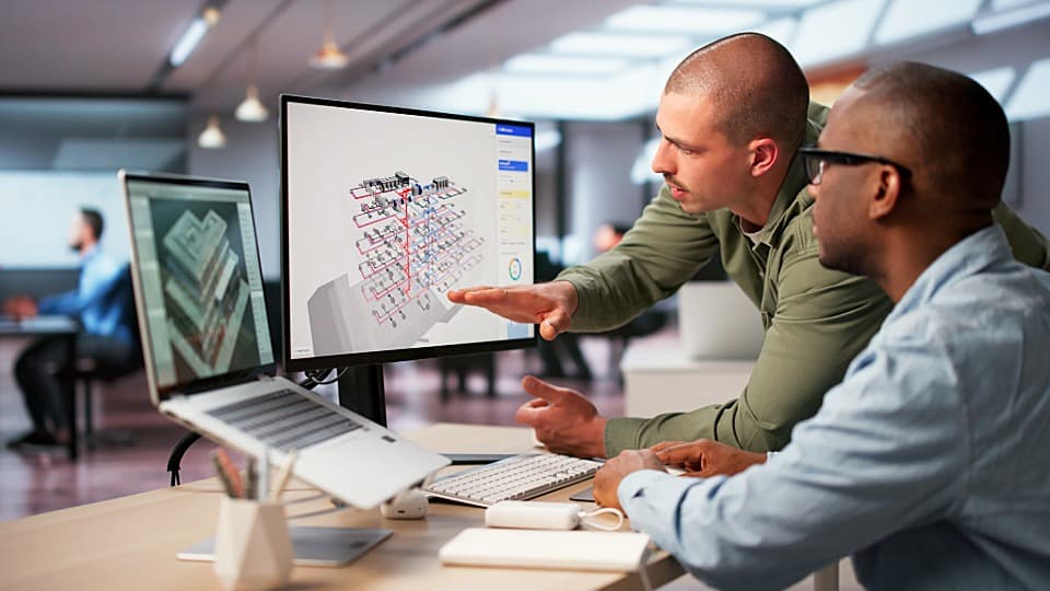 Two project planners analyze digital infrastructure plans on a screen for a structured site transfer with DACHSER & KOLB.