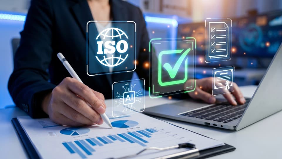 A person is reviewing documents and graphics related to DACHSER & KOLB's ISO 9001 and ISO 14001 quality management certifications on a laptop.