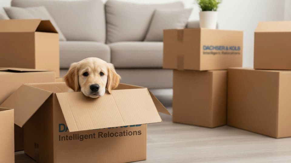 Puppy sitting in DACHSER & KOLB moving box – special entry regulations for puppies to Switzerland.
