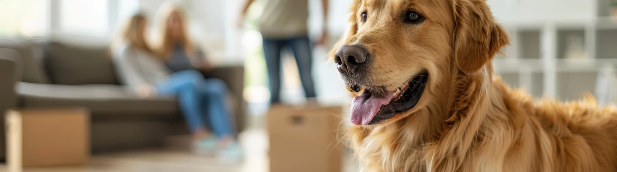 Golden retriever in an apartment with moving boxes – moving with pets to China