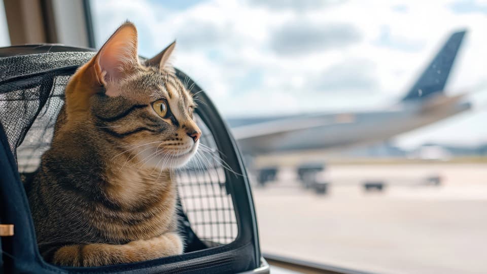 Cat in a travel carrier at the airport in front of an airplane – symbolizing safe pet relocation to India.
