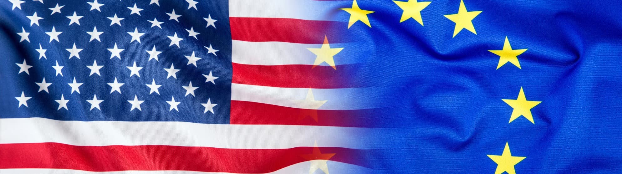Merged flags of the USA and the European Union, transitioning smoothly into each other.