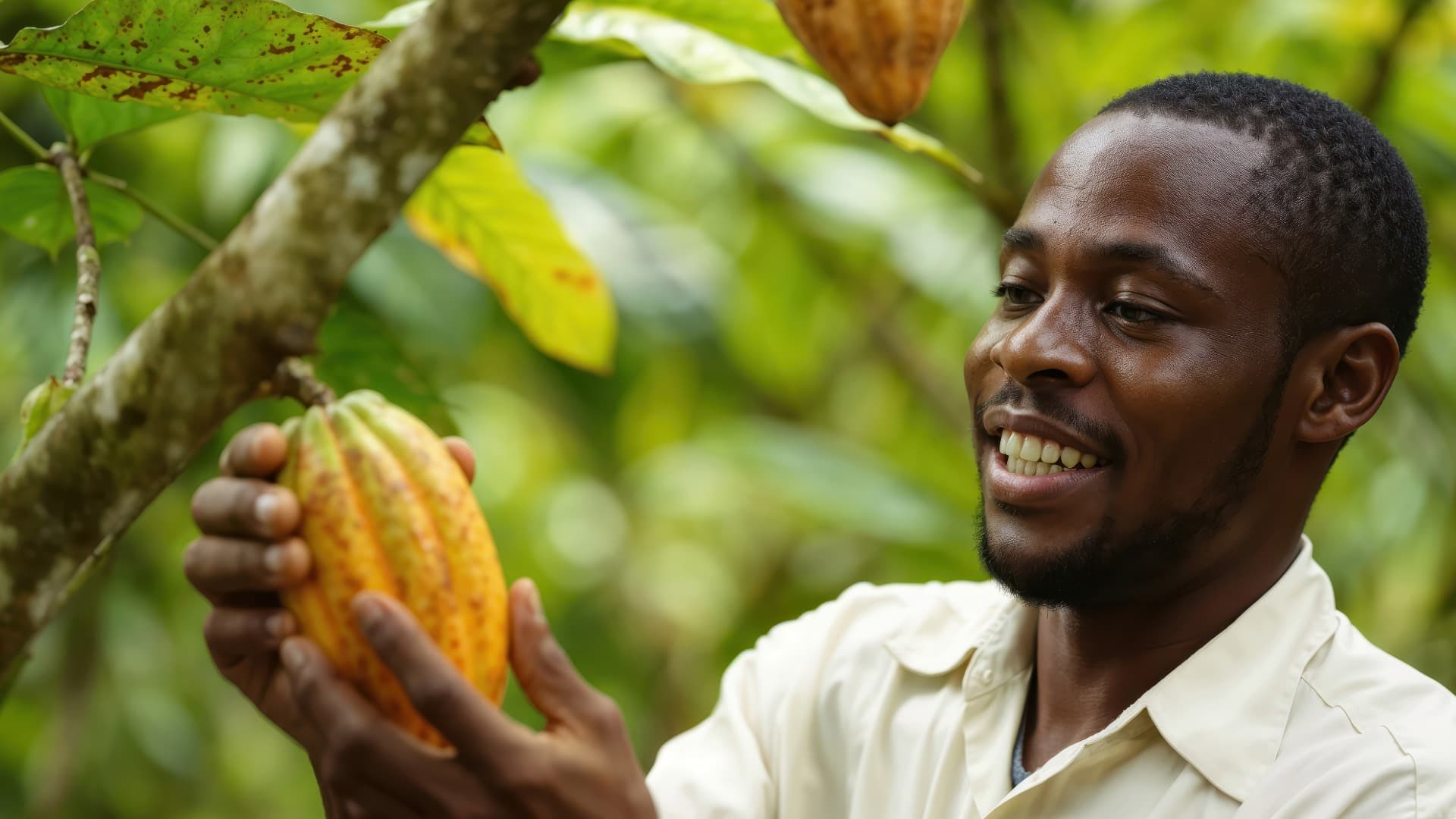 Portrait of a man picking a cocoa fruit