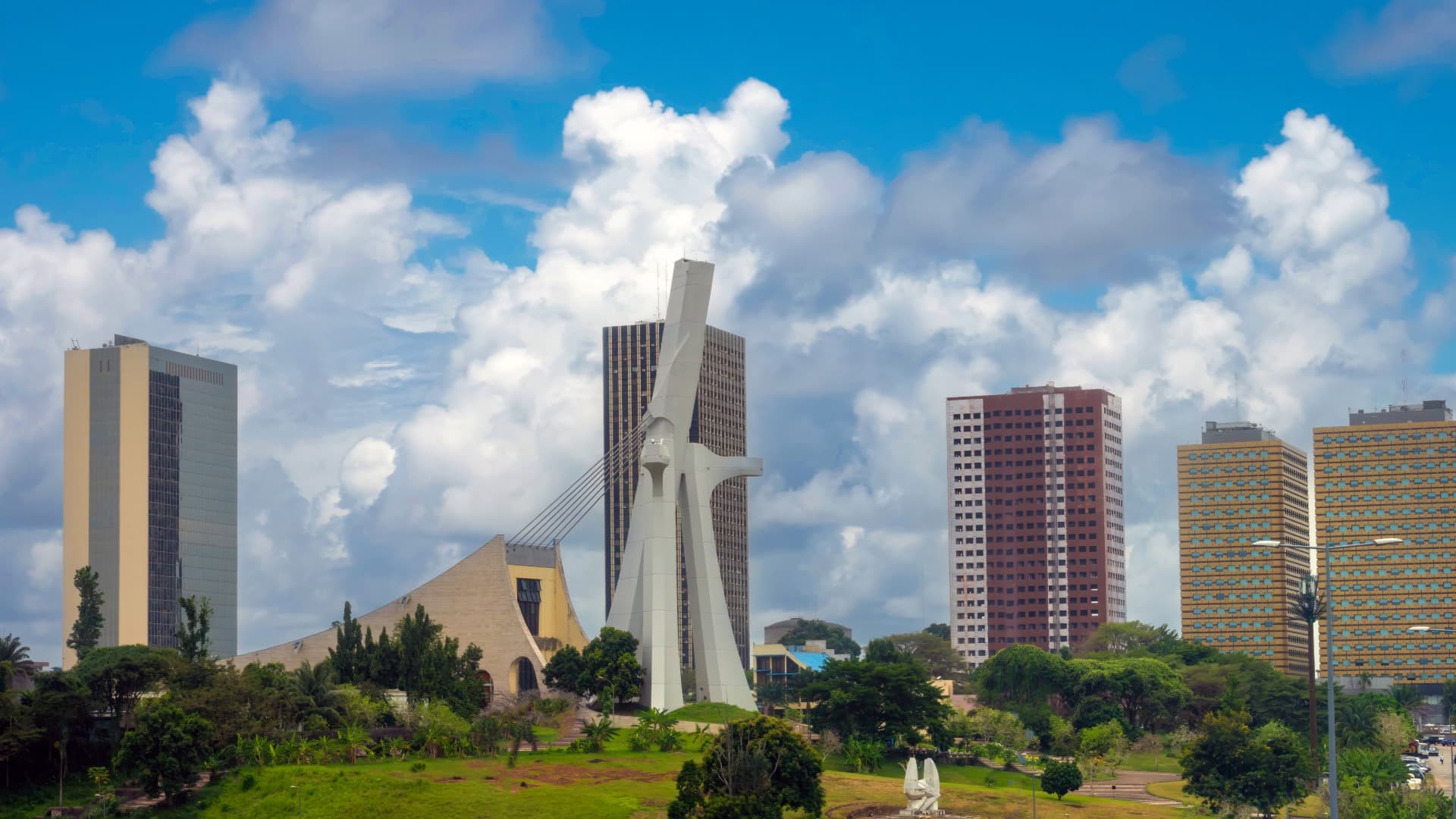 Tall buildings in a city in Ivory Coast seen from a distance