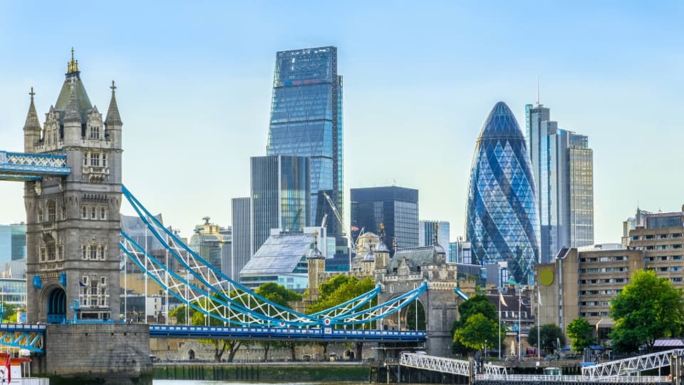 The London skyline with Tower Bridge – an economic hub for financial services and tech industries in the UK.