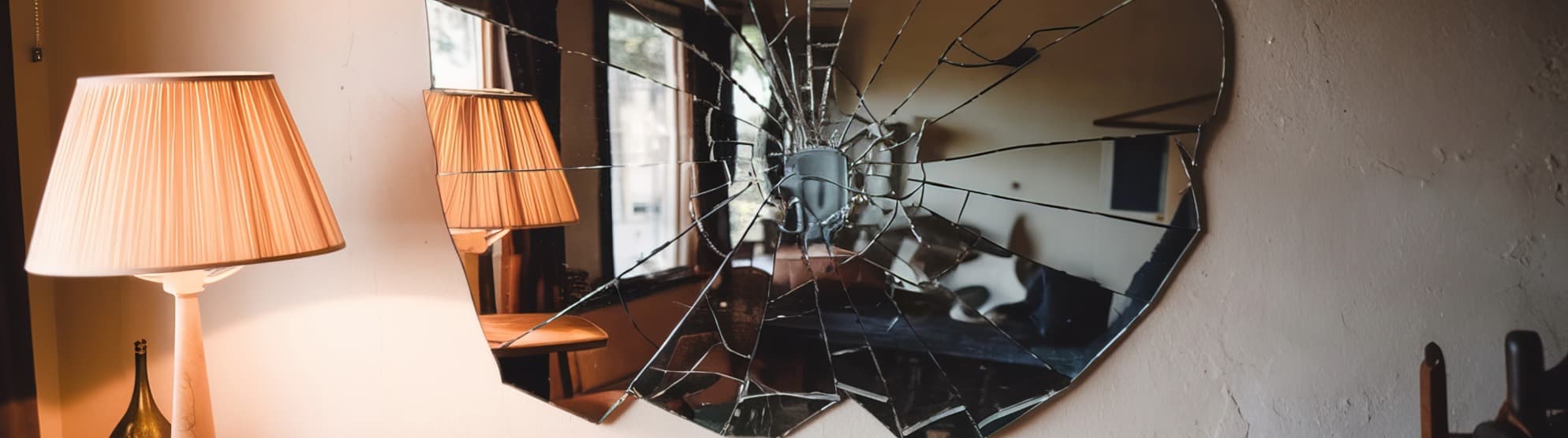 Broken wall mirror next to table lamp in living room illustrating property damage