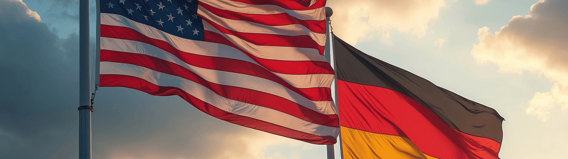 American and German flags waving side by side against a cloudy evening sky.