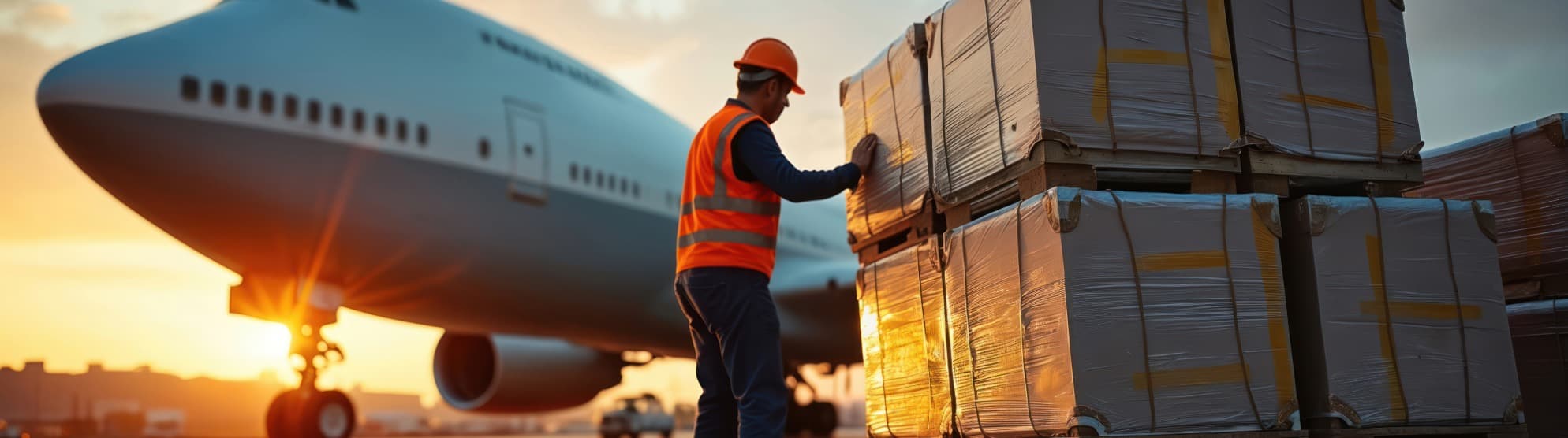 Worker secures palletized air cargo on the tarmac in front of an aircraft at sunset.