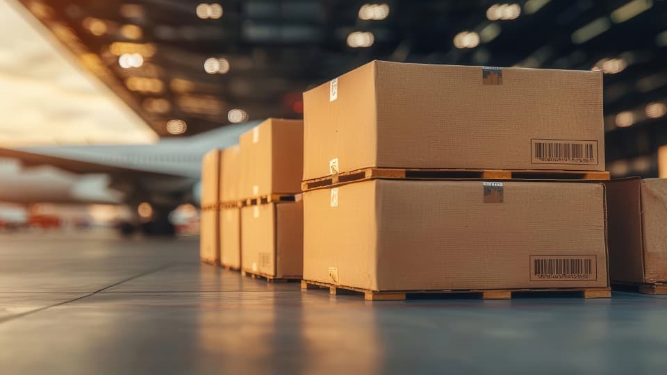 Cardboard boxes on pallets in an airport cargo area, aircraft in the background, warm light.