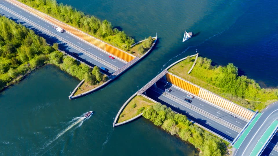 Aerial view of an underpass road beneath waterways in the Netherlands
