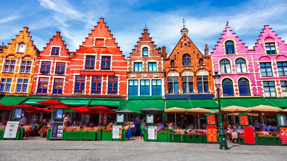 Colourful gabled houses and street cafés in Belgium as a symbol of culture and everyday life