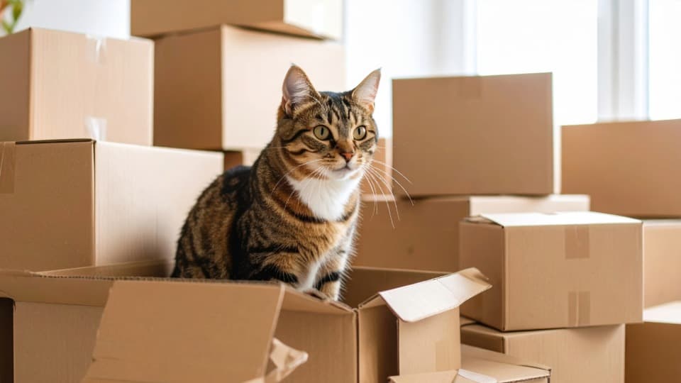 Cat among moving boxes as a symbol of moving to Belgium with pets