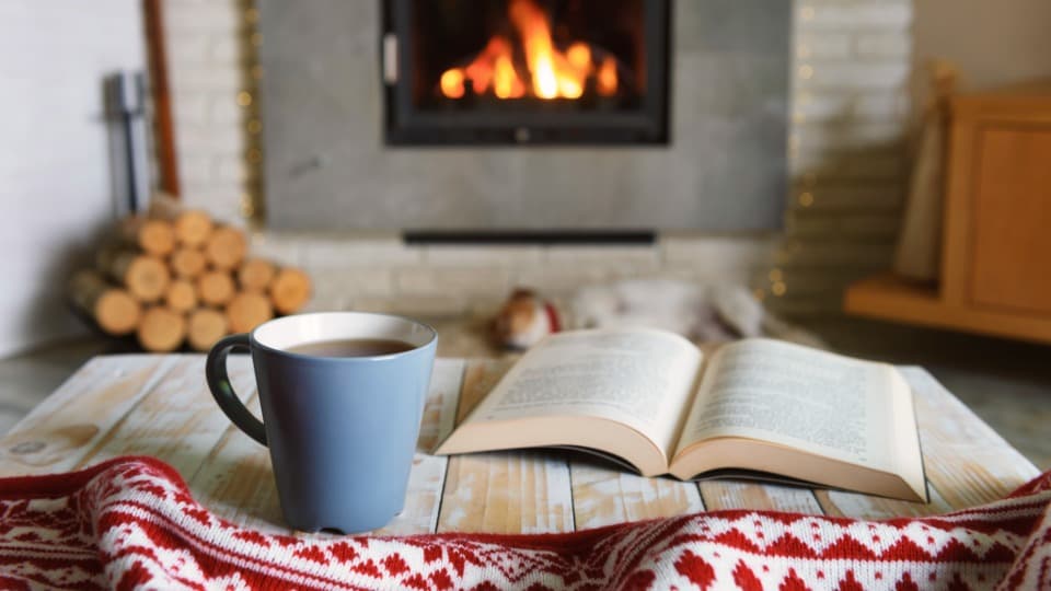 Cosy living room with fireplace, book and cup as a symbol of hygge in Denmark