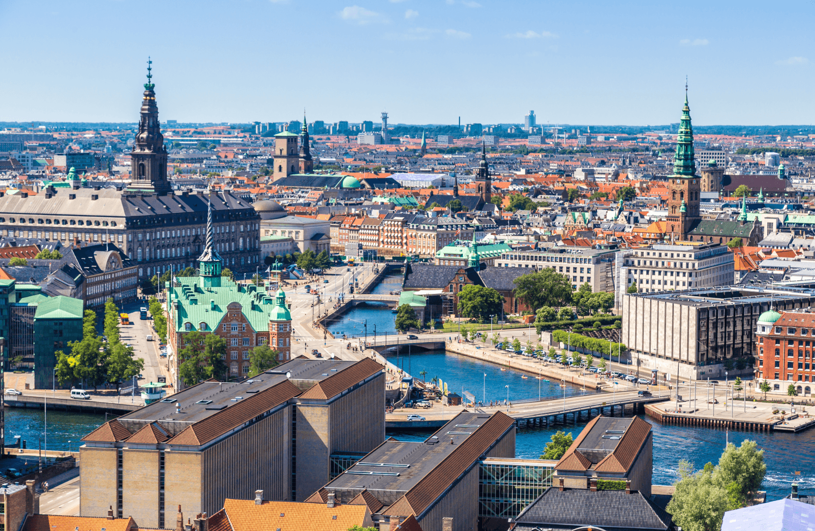 City view of Copenhagen with canal, bridges and historic buildings