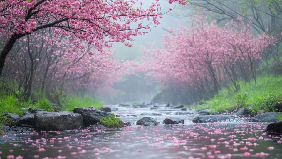Cherry blossoms along a stream in Japan during rain with pink petals
