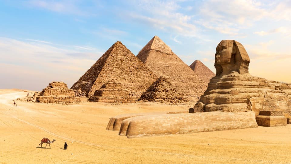 Aerial view of the Pyramids of Giza and the Sphinx in Egypt