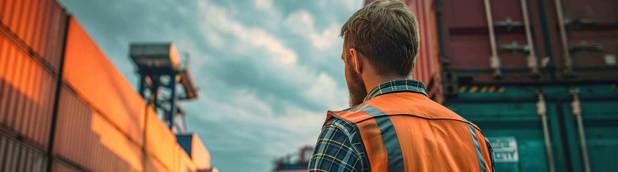Worker in safety vest facing shipping containers at port for Carnet TIR customs during a move