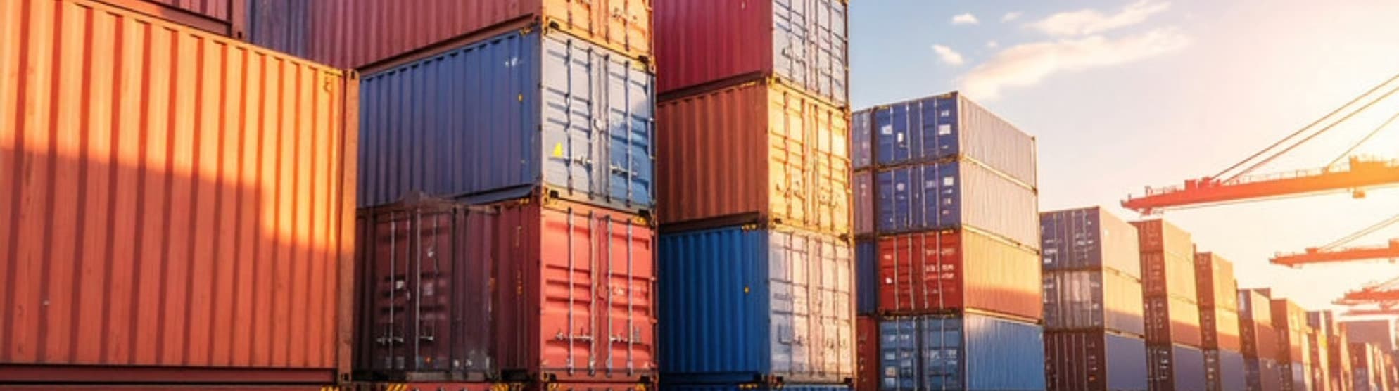 Stacked shipping containers at a port terminal at sunset with cranes in the background