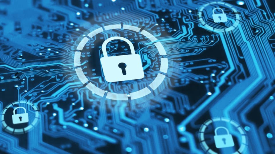Digital circuit board with illuminated padlocks as a symbol of data security.
