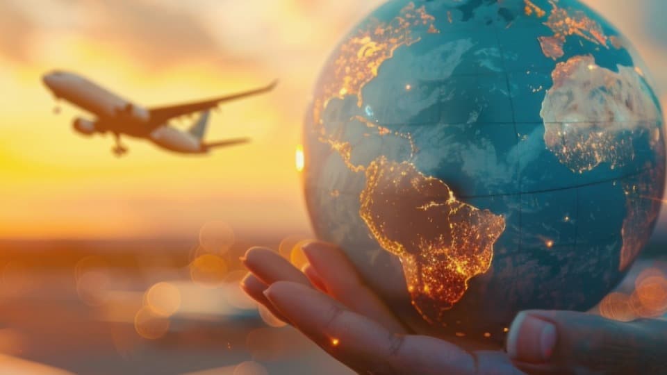 Airplane and glowing globe at sunset – symbolic image for the most popular emigration destinations