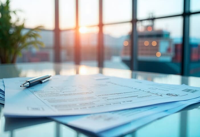 Forms and pen on office desk with view of container ship in harbor through window