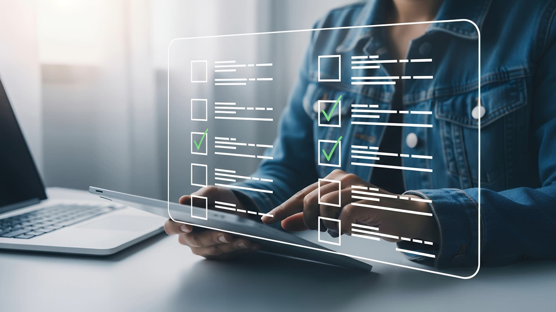 Person using a tablet checklist next to a laptop – TEU planning and moving organisation