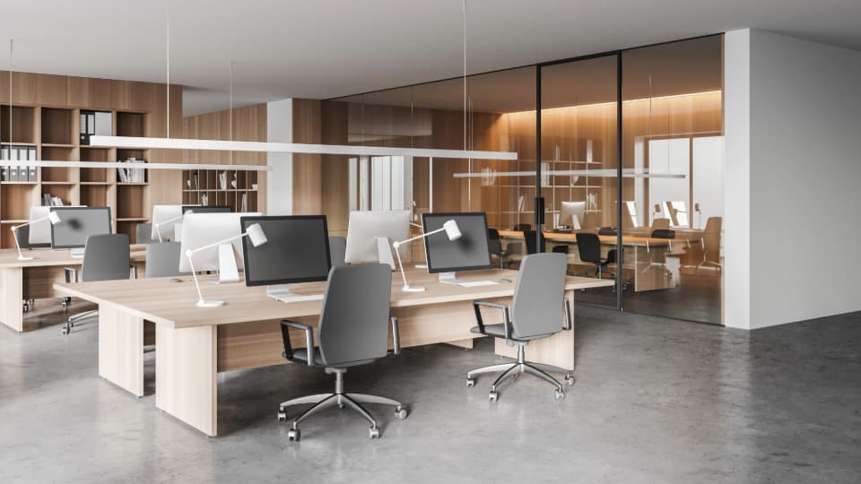 Modern open-plan office with optimized workstation and space planning based on lean management principles.