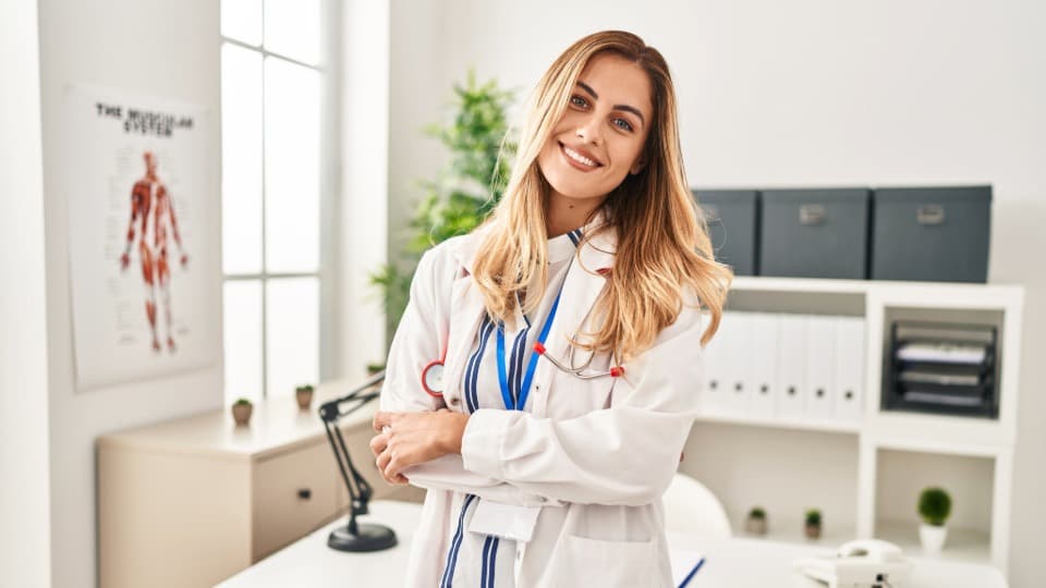 A young, skilled doctor at a state-of-the-art clinic in Riga – a symbol of Latvia’s healthcare and life sciences sector.
