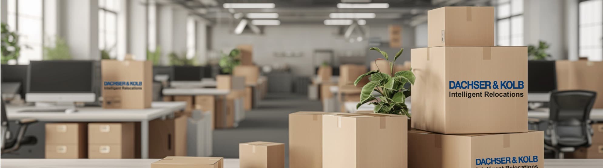 Office with packed moving boxes – Origin Service for the departure site