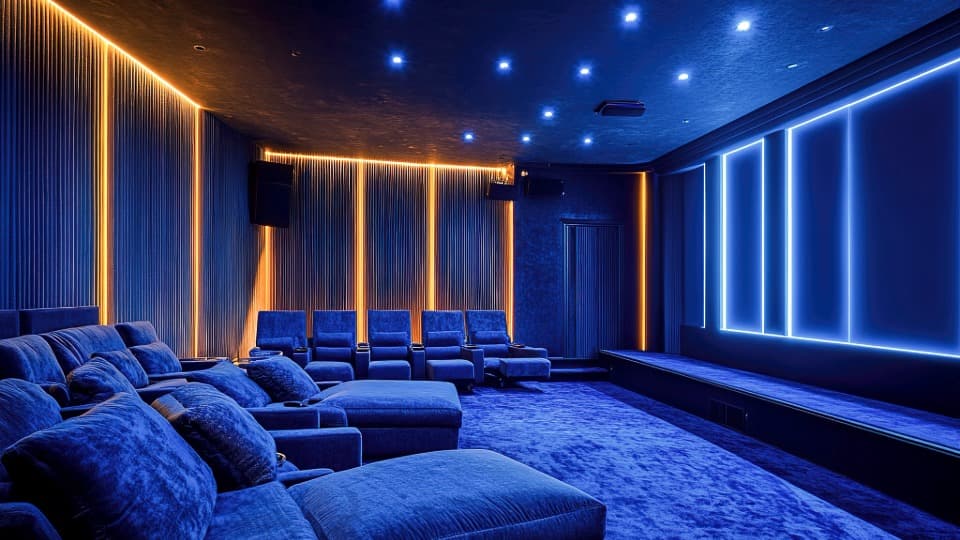Ein professionelles Heimkino in blauem Design mit integrierten LED-Leisten und Akustikpaneelen vor dem Fachtransport durch DACHSER & KOLB.