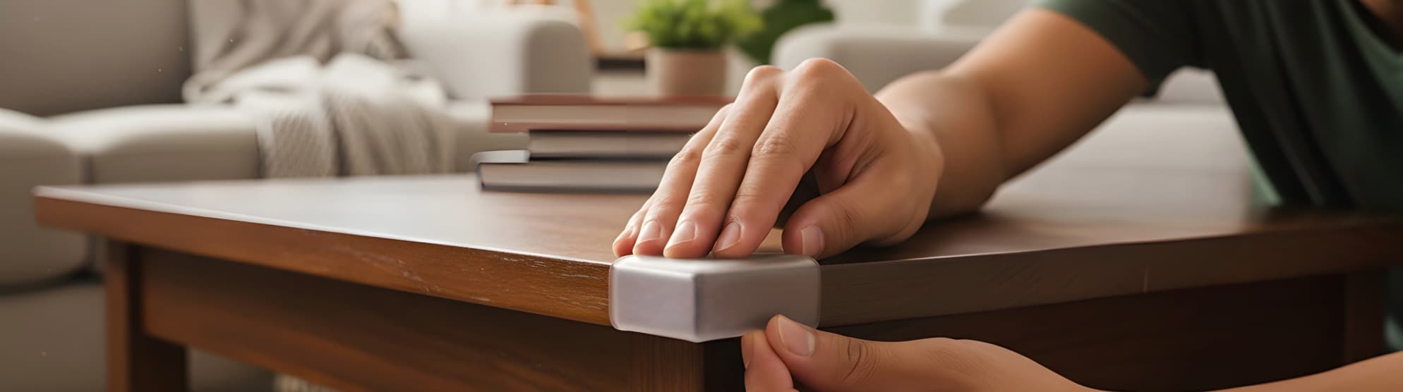 Person attaches a corner guard (edge protection) to a table edge to protect the corner from impacts