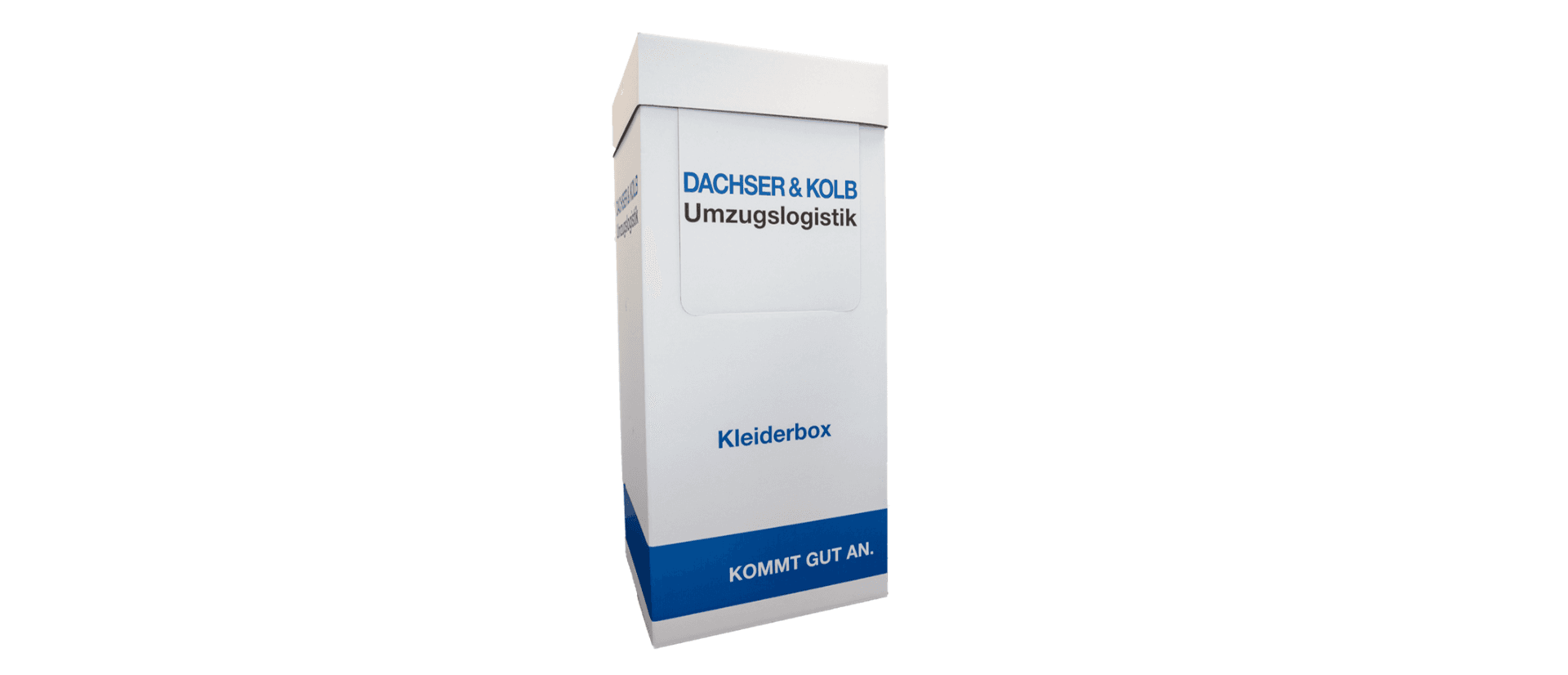 White wardrobe box from DACHSER & KOLB for moving – ideal for transporting hanging clothes.