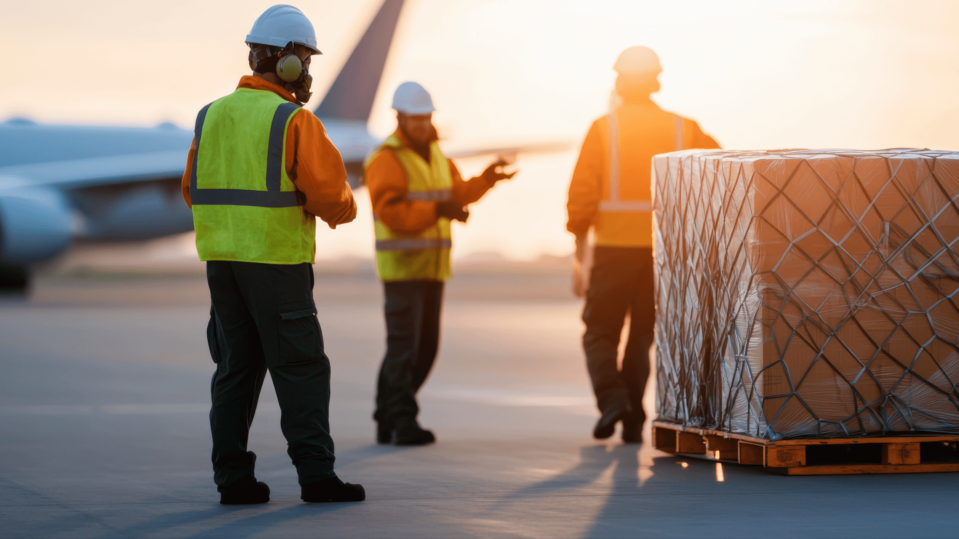 Airport workers and packaged air freight in front of an airplane in the morning light. Logistics and fast transport.