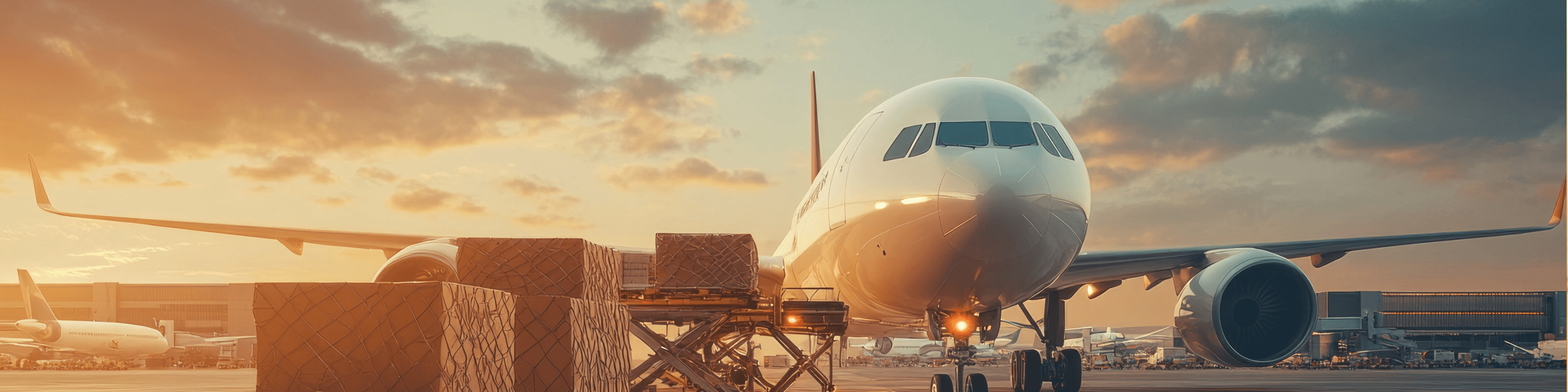 Cargo plane being loaded with wooden crates for air freight at sunset. Airport logistics and global shipping.
