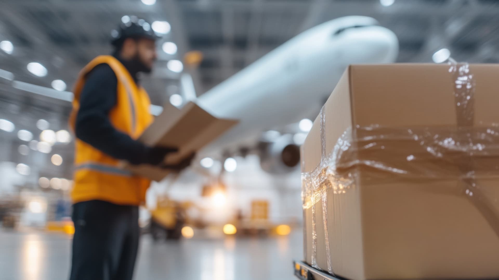 Logistics worker with documents in front of cargo plane and package in warehouse, essential for accurate Air-Waybill (AWB) creation.