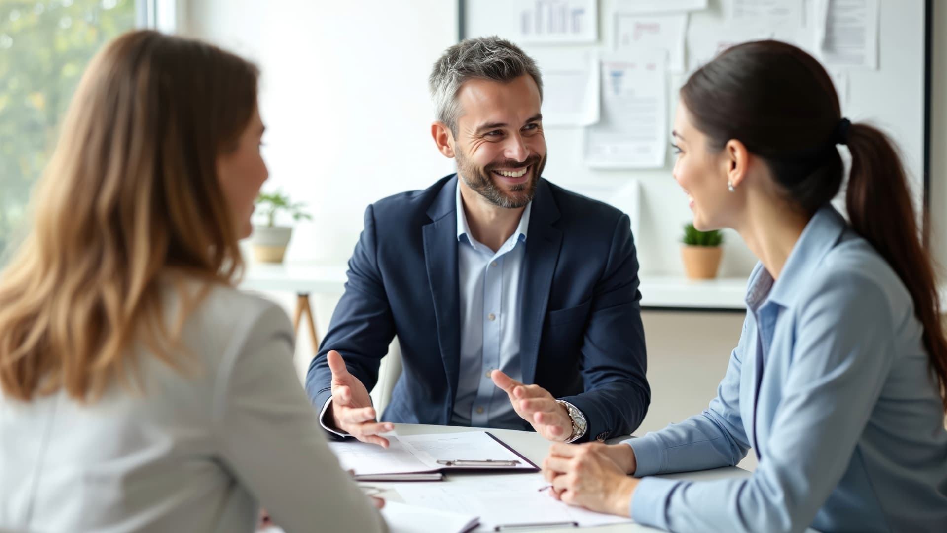 A consultant in a conversation with two private individuals, symbolizing relocation service for private individuals.