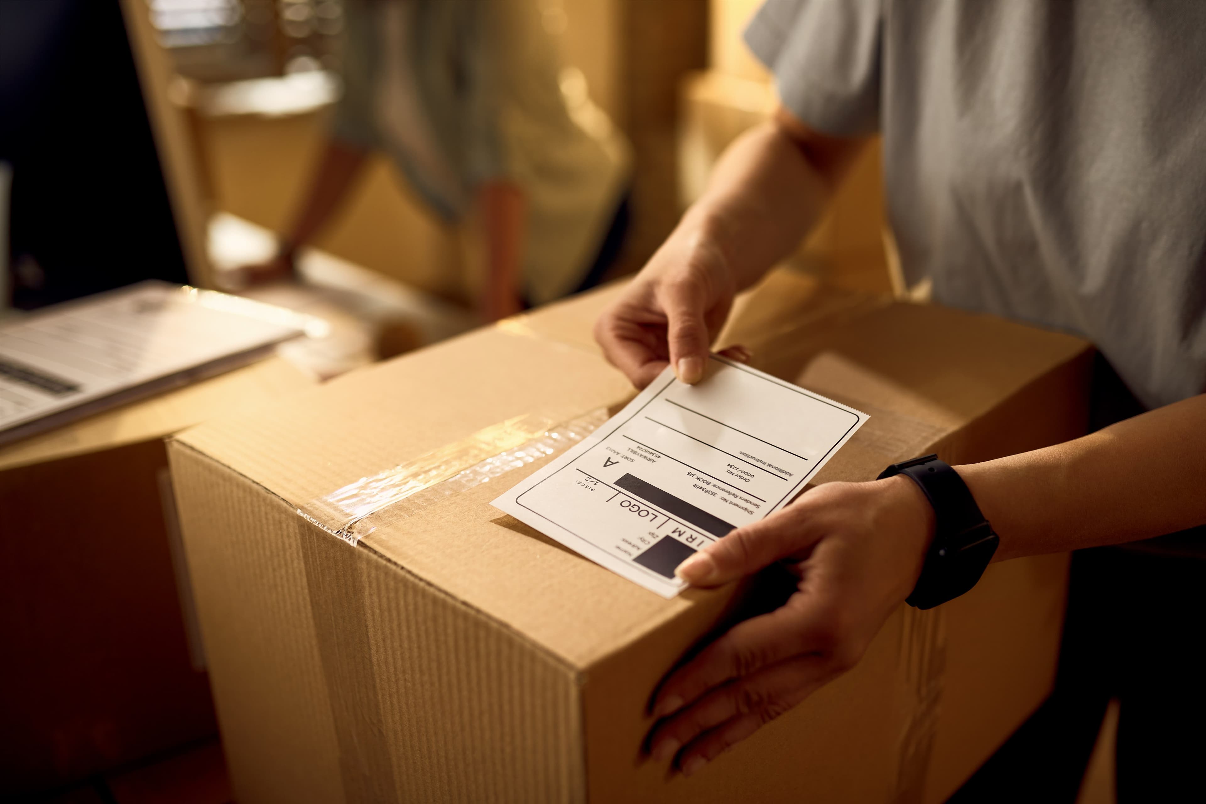 Close-up of a person applying a return label to a package – symbol of fast return service.